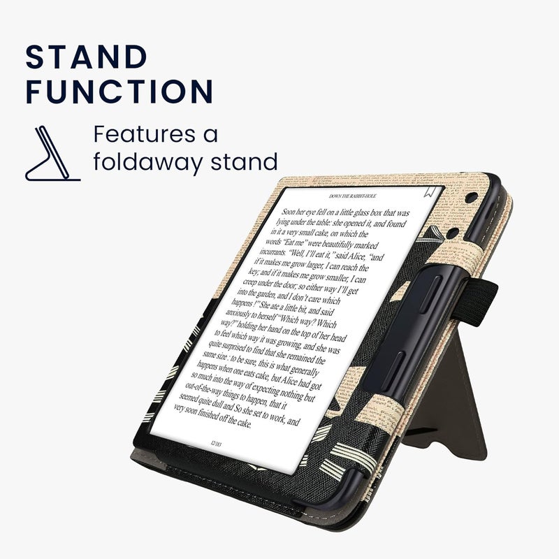 kwmobile Case Compatible with Kobo Libra Colour - Case PU Leather Cover with Magnet Closure, Stand, Strap, Card Slot - Girl and Books Black/Beige - Image 5